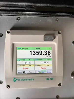 CS Instruments DS 400 ölçüm cihazında anlık debi, basınç ve sıcaklık değerleri